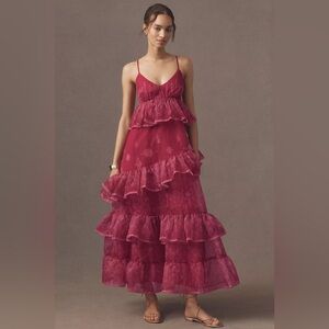 NWT Anthropologie Let Me Be Sleeveless Sheer Tiered Pink Layered Midi Dress M